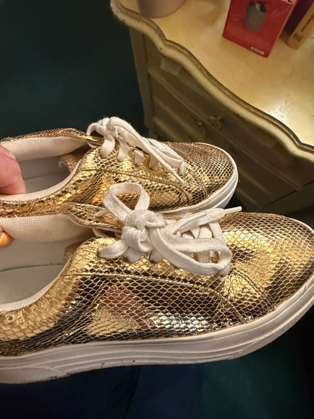 Jessica Simpson Gold Metallic Snake-Texture Lace-Up Sneakers